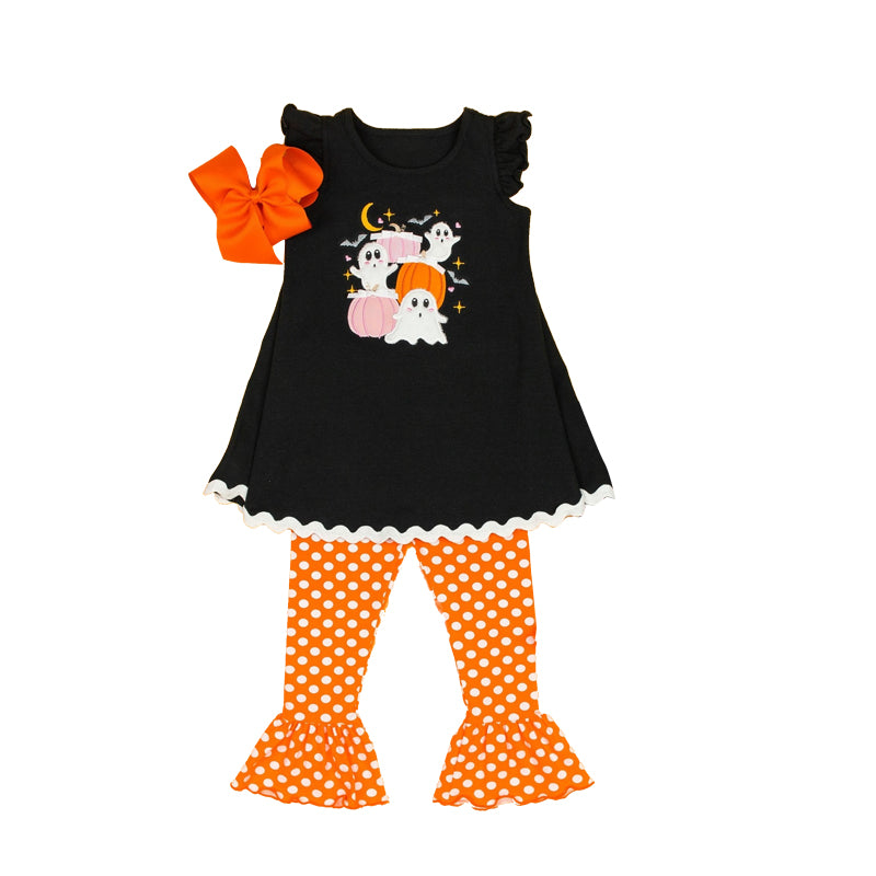 preorder GSPO1680 Halloween spooky pumpkin black flutter sleeve orange pants girls set