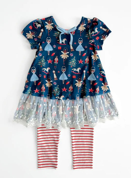 preorder GSPO1681 Christmas tree dace girl soldier navy blue short sleeve red striped pants girls set
