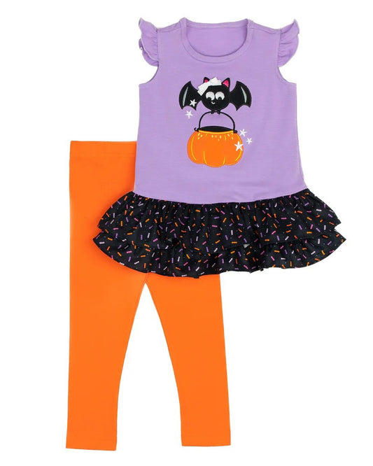 preorder GSPO1684 Halloween bat pumpkin purple flutter sleeve orange pants girls set