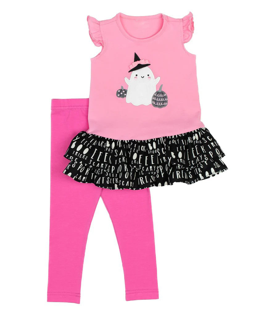 preorder GSPO1685 Halloween spooky pumpkin pink flutter sleeve hot pink pants girls set