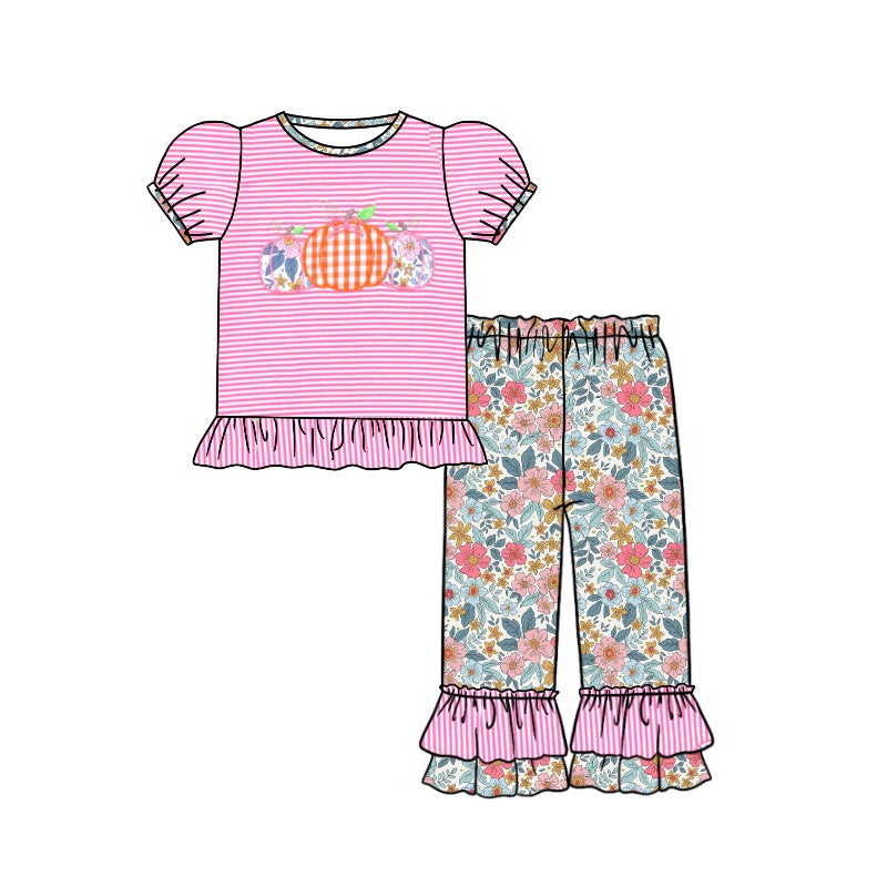 preorder GSPO1689 Autumn pumpkin hot pink striped short sleeve colorful flowers pants girls set