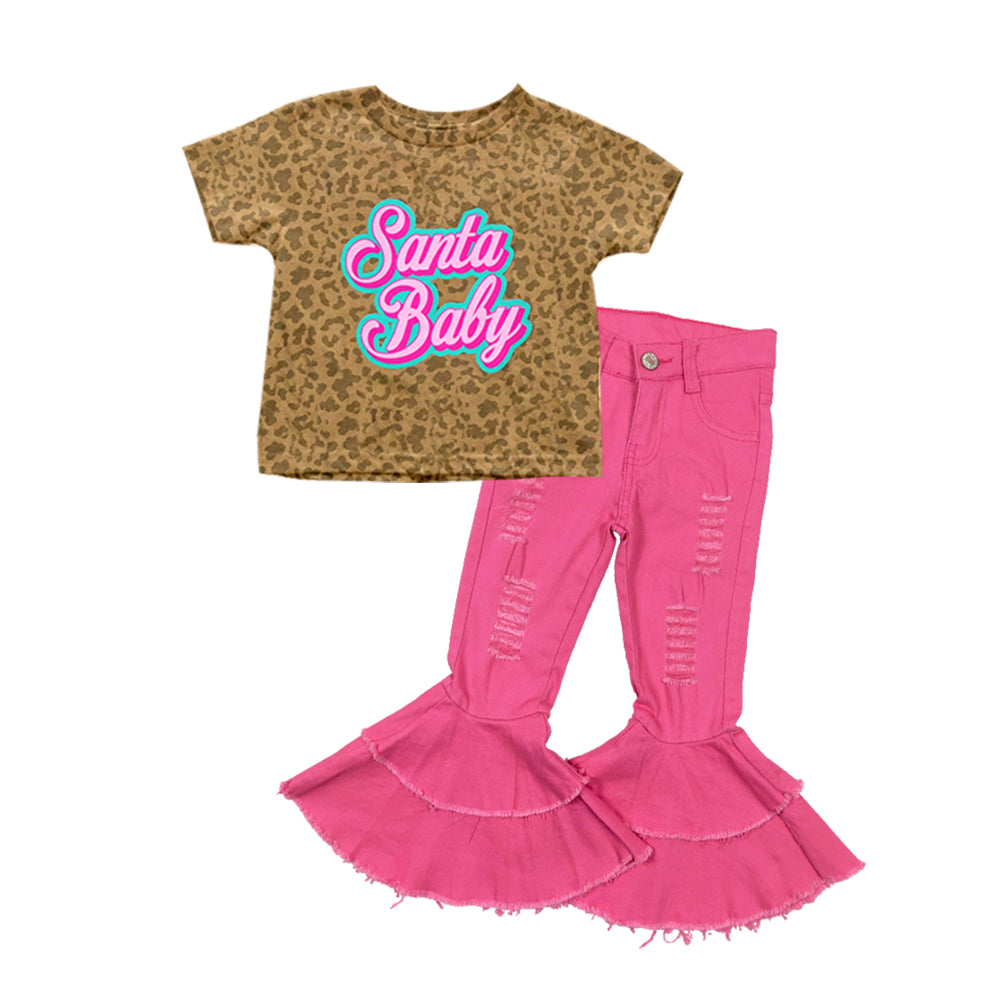 preorder GSPO1693 Santa baby leopard short sleeve hot pink denim pants girls jeans set