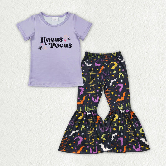 GSPO1699 Halloween witch purple short sleeve black pants girls set