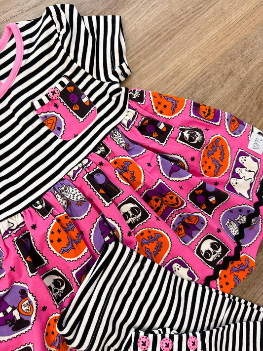 Preorder GSPO1705 Halloween pumpkin skull hot pink short sleeve black striped pants girls set