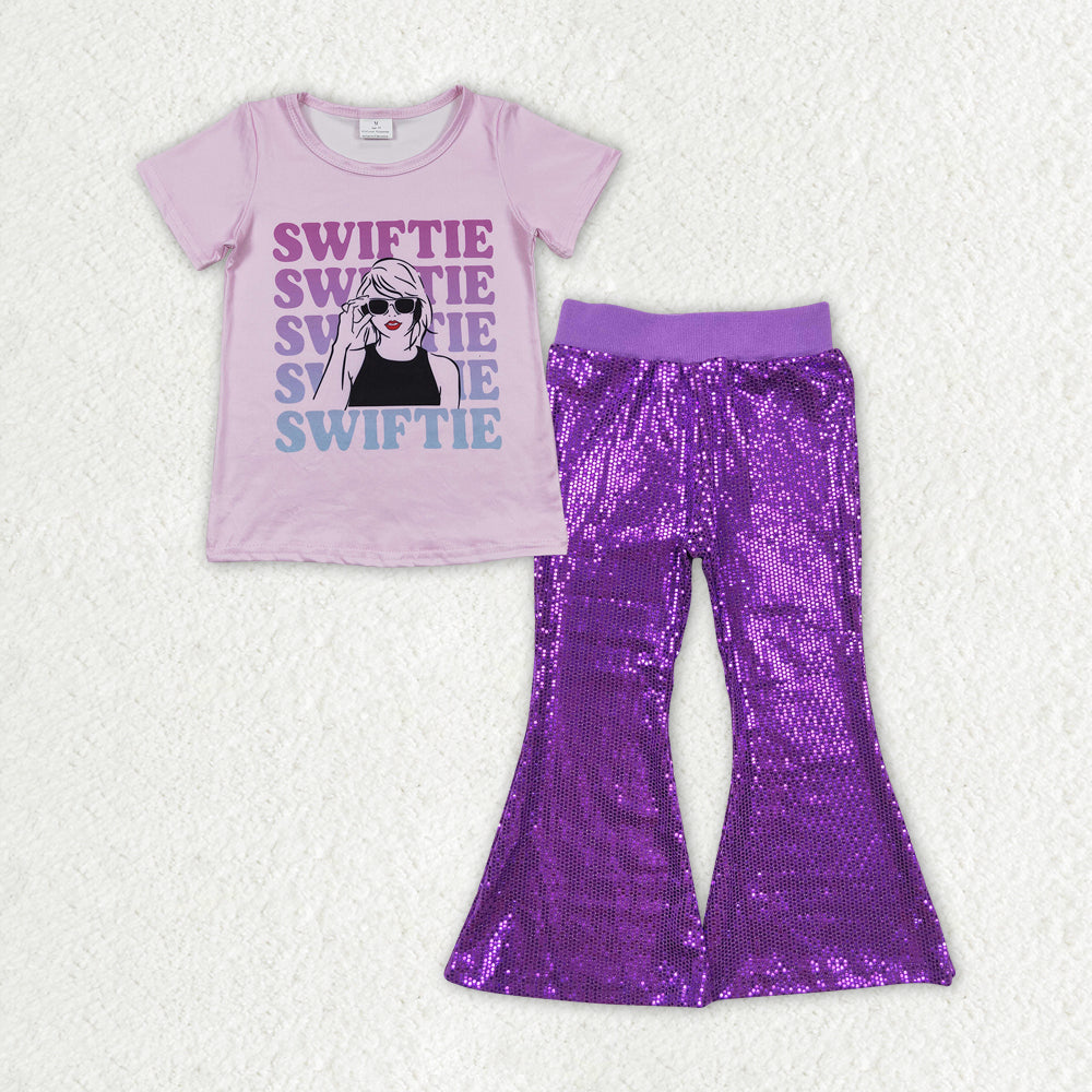 GSPO1707 Taylor country singer short sleeve purple sequin pants girls set