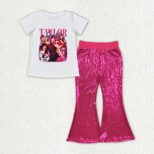 GSPO1709 Taylor country singer short sleeve hot pink sequin pants girls set