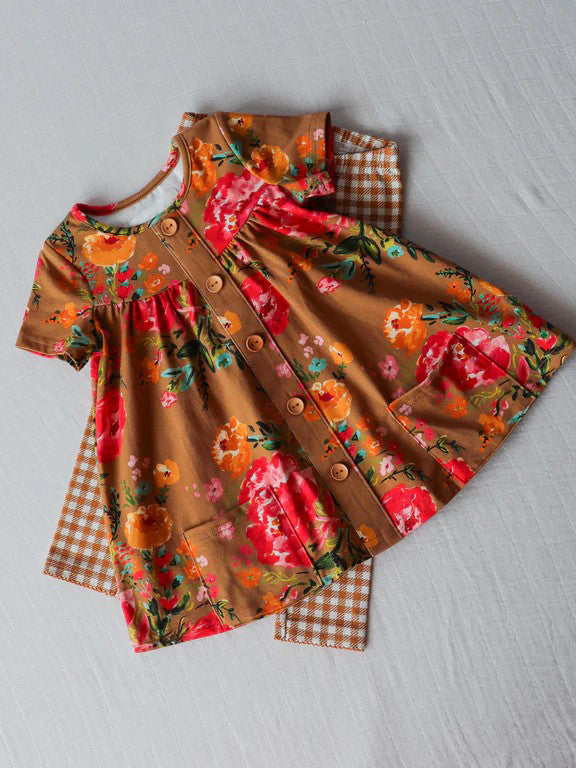 Preorder GSPO1713 red orange flowers brown short sleeve brown checkered pants girls set