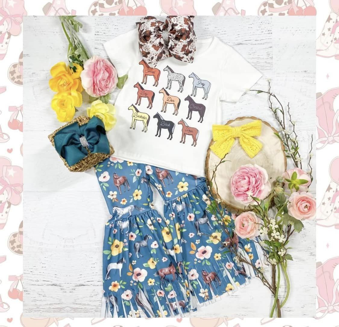 preorder GSPO1721 farm horse short sleeve flowers blue tassels pants girls set