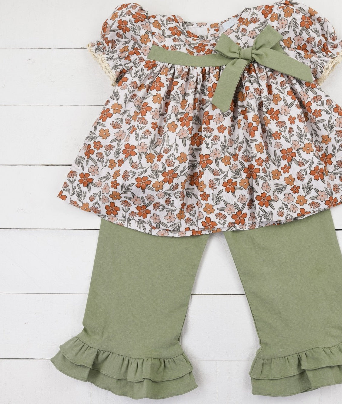 Preorder GSPO1722 colorful flowers bows short sleeve green pants girls floral set
