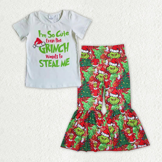 GSPO1723 Christmas green face white short sleeve tree red pants girls set