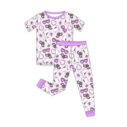 Preorder GSPO1725 Mardi Gras glasses purple short sleeve pants girls pajamas