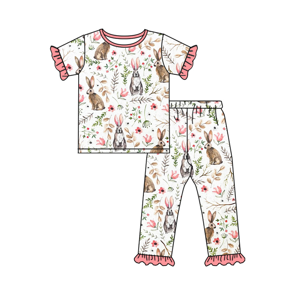 preorder GSPO1727 cute bunny rabbit flowers pink short sleeve pants girls pajamas