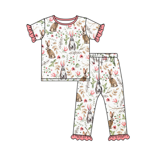 preorder GSPO1727 cute bunny rabbit flowers pink short sleeve pants girls pajamas