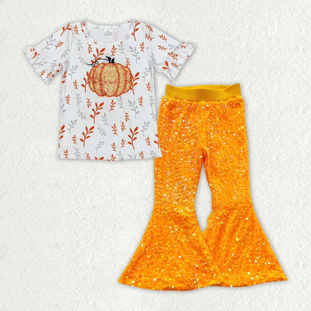 GSPO1729 Autumn fall sequin pumpkin short sleeve orange sequin pants girls set