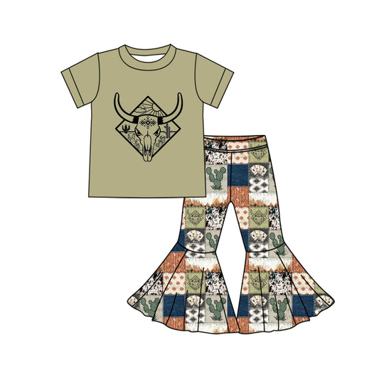 preorder GSPO1730 Western cow green short sleeve cactus checkered pants girls set