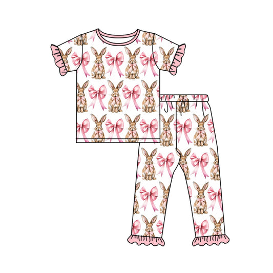 preorder GSPO1732 Easter cute bunny rabbit pink bows short sleeve pants girls pajamas