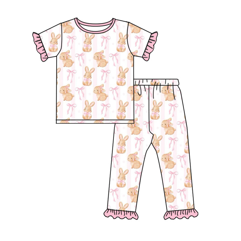 preorder GSPO1733 Easter cute bunny rabbit pink bows short sleeve pants girls pajamas