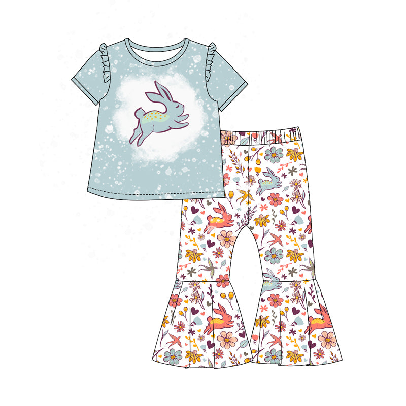 preorder GSPO1734 Easter cute bunny rabbit blue short sleeve colorful flowers pants girls set