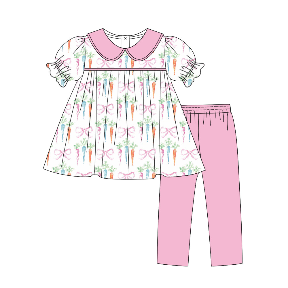 preorder GSPO1735 Easter carrot pink bows short sleeve pink pants girls set