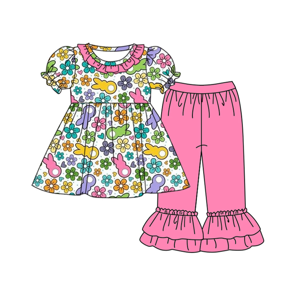 preorder GSPO1738 Easter colorful bunny rabbit flowers short sleeve pink pants girls set