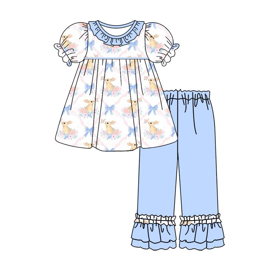 preorder GSPO1739 Easter cute bunny rabbit blue bows short sleeve blue pants girls set