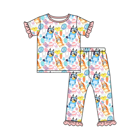 preorder GSPO1740 Easter cartoon blue dog colorful egg pink short sleeve pants girls set