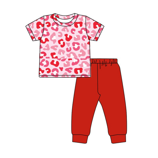 preorder GGSPO1745 Valentine's Day pink leopard short sleeve red pants girls set