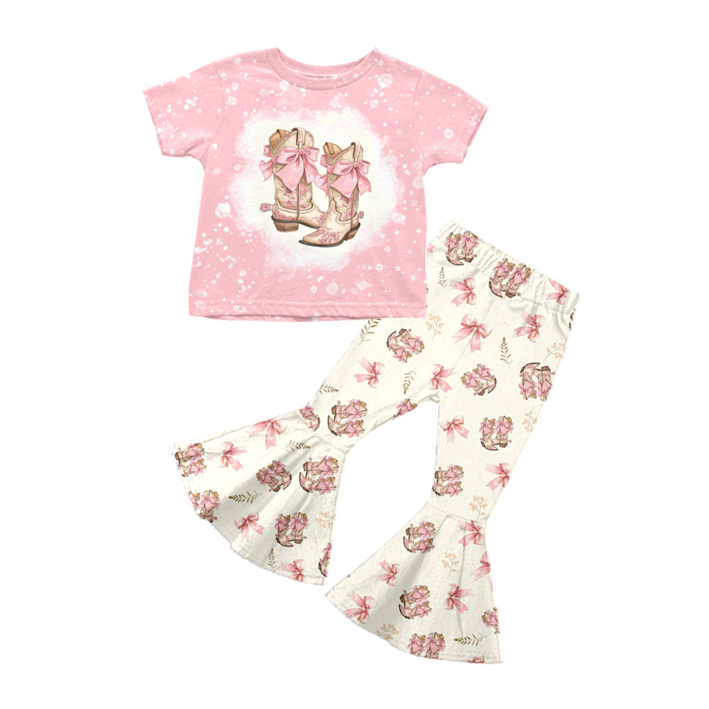 preorder GSPO1747 Western boot coquette bows pink short sleeve pants girls set