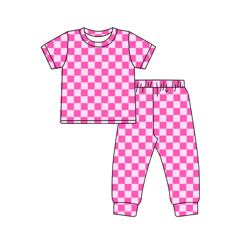 preorder GSPO1752 hot pink checkered short sleeve pants girls set