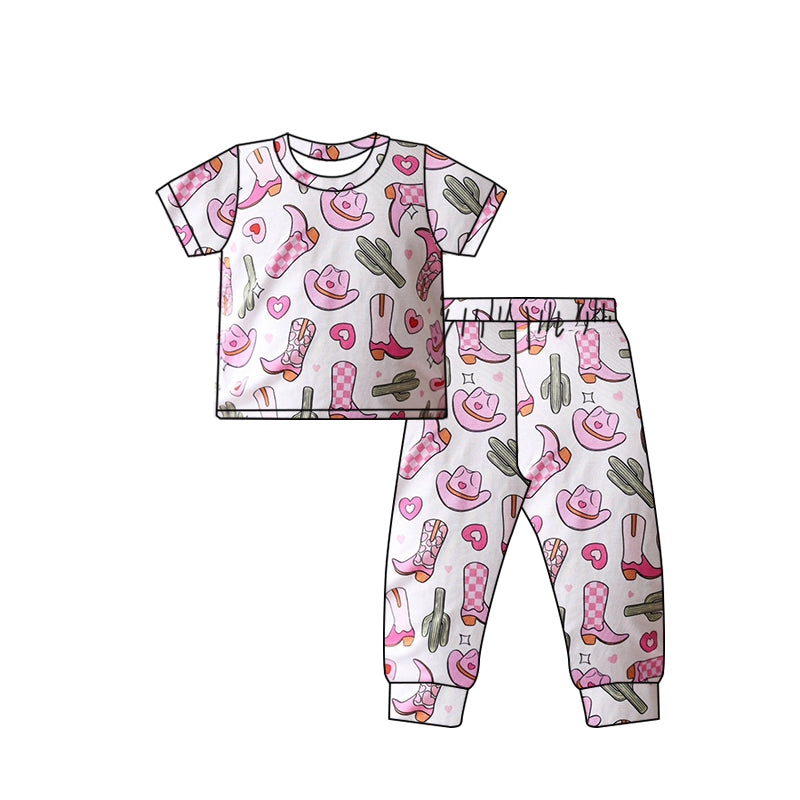 preorder GSPO1755 Western hat boot cactus pink short sleeve pants girls set