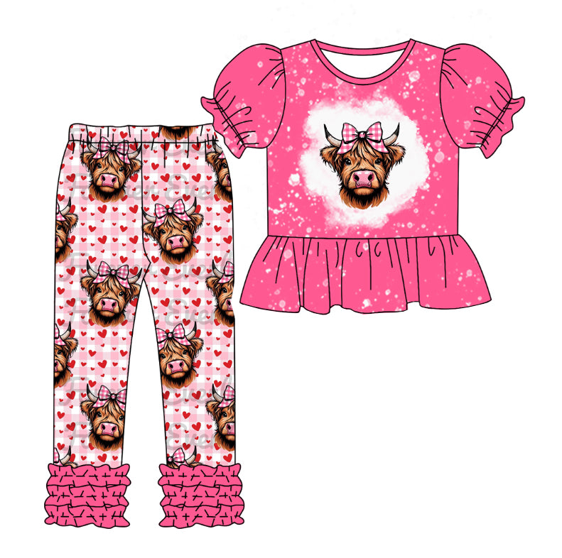 preorder GSPO1756 Valentine's Day highland cow hot pink short sleeve heart checkered pants girls set