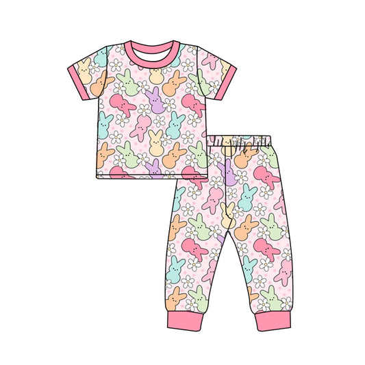 Preorder GSPO1761 Easter bunny rabbit flowers pink short sleeve pants girls pajamas