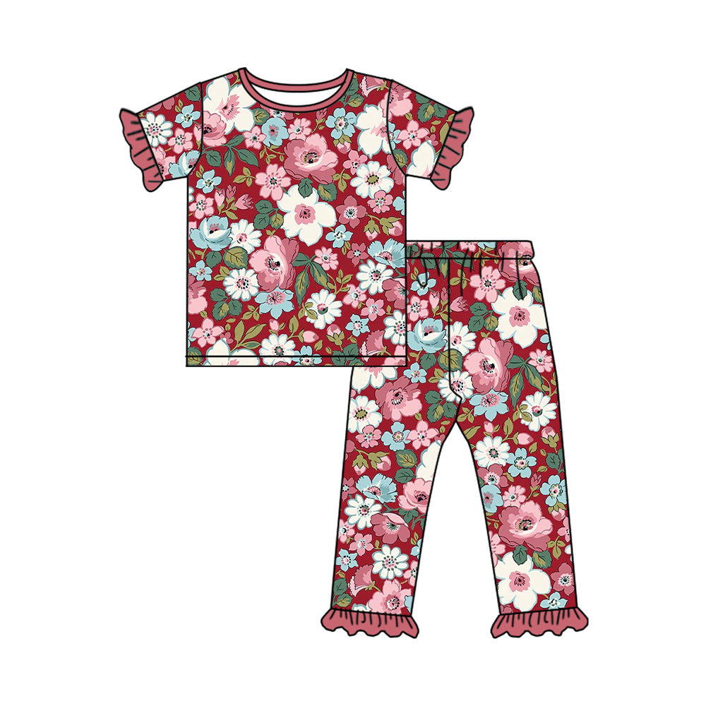 Preorder GSPO1763 colorful flowers red shrot sleeve pants girls pajamas