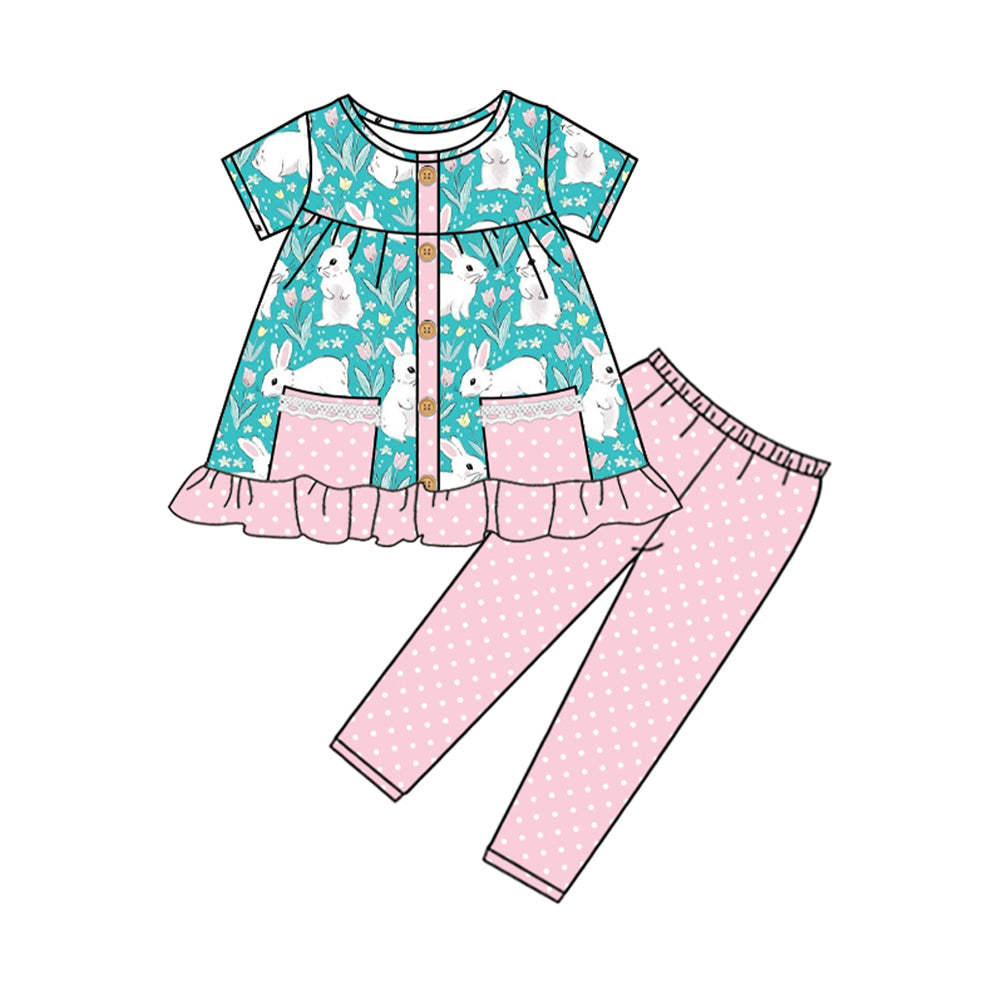 Preorder GSPO1768 Easter cute bunny rabbit flowers blue short sleeve pink pants girls set