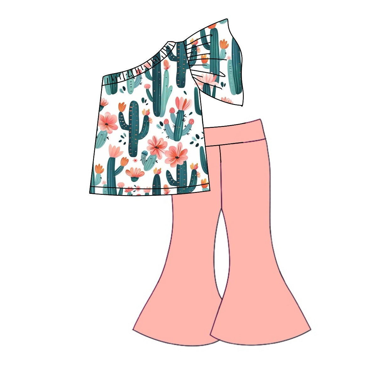 Preorder GSPO1771 Western cactus flowers short sleeve pink pants girls set