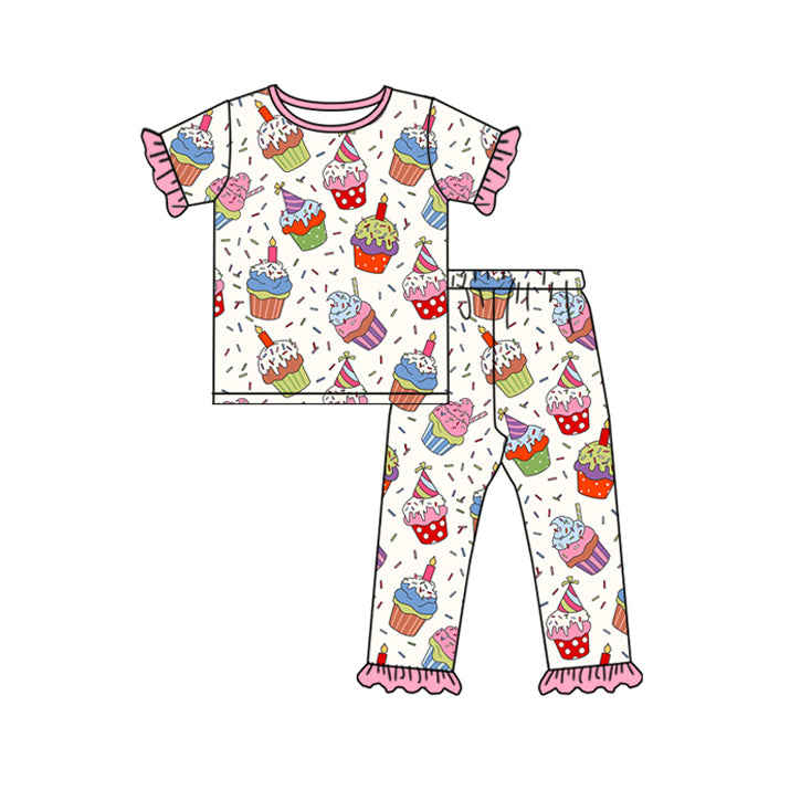 Preorder GSPO1775 Happy Birthday cake pink short sleeve pants girls pajamas