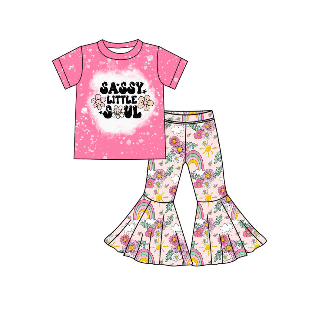 preorder GSPO1777 sassy little soul flowers pink short sleeve rainbow pants girls set