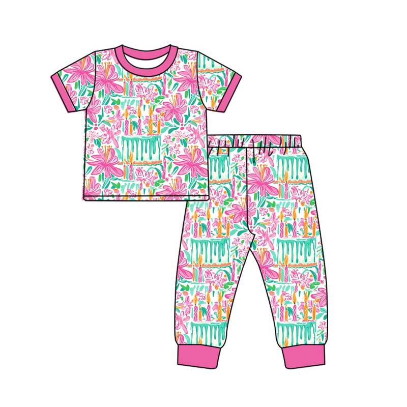preorder GSPO1779 hot pink green flowers short sleeve pants girls pajamas