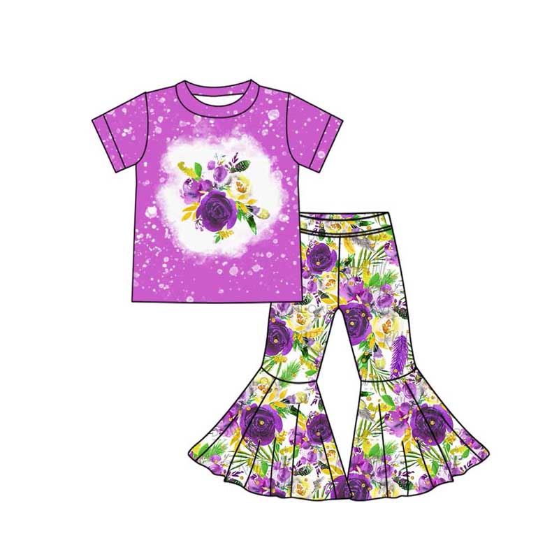 Preorder GSPO1781 yellow purple flowers short sleeve pants girls set