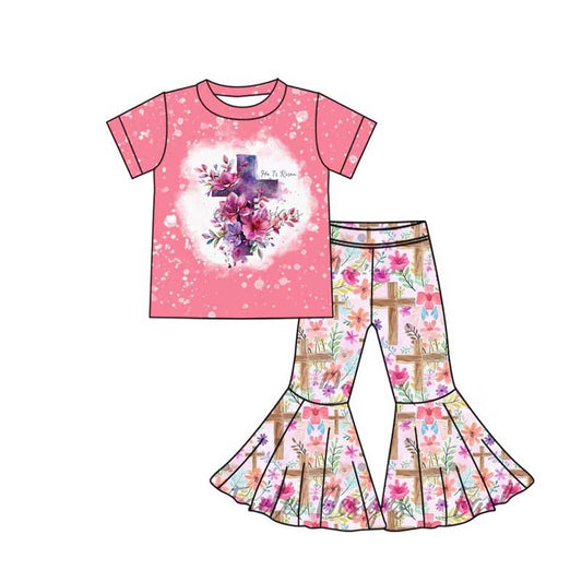 Preorder GSPO1783 Easter colorful flowers cross pink short sleeve pants girls set