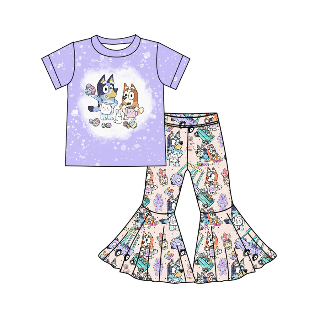 Preorder GSPO1788 Easter cartoon blue dog bunny rabbit purple short sleeve flowers pants girls set