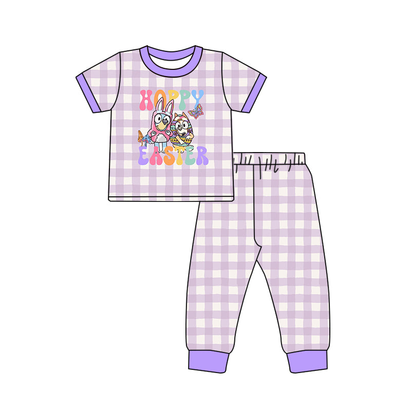 Preorder GSPO1799 Happy Easter cartoon blue dog purple checkered short sleeve pants girls pajamas