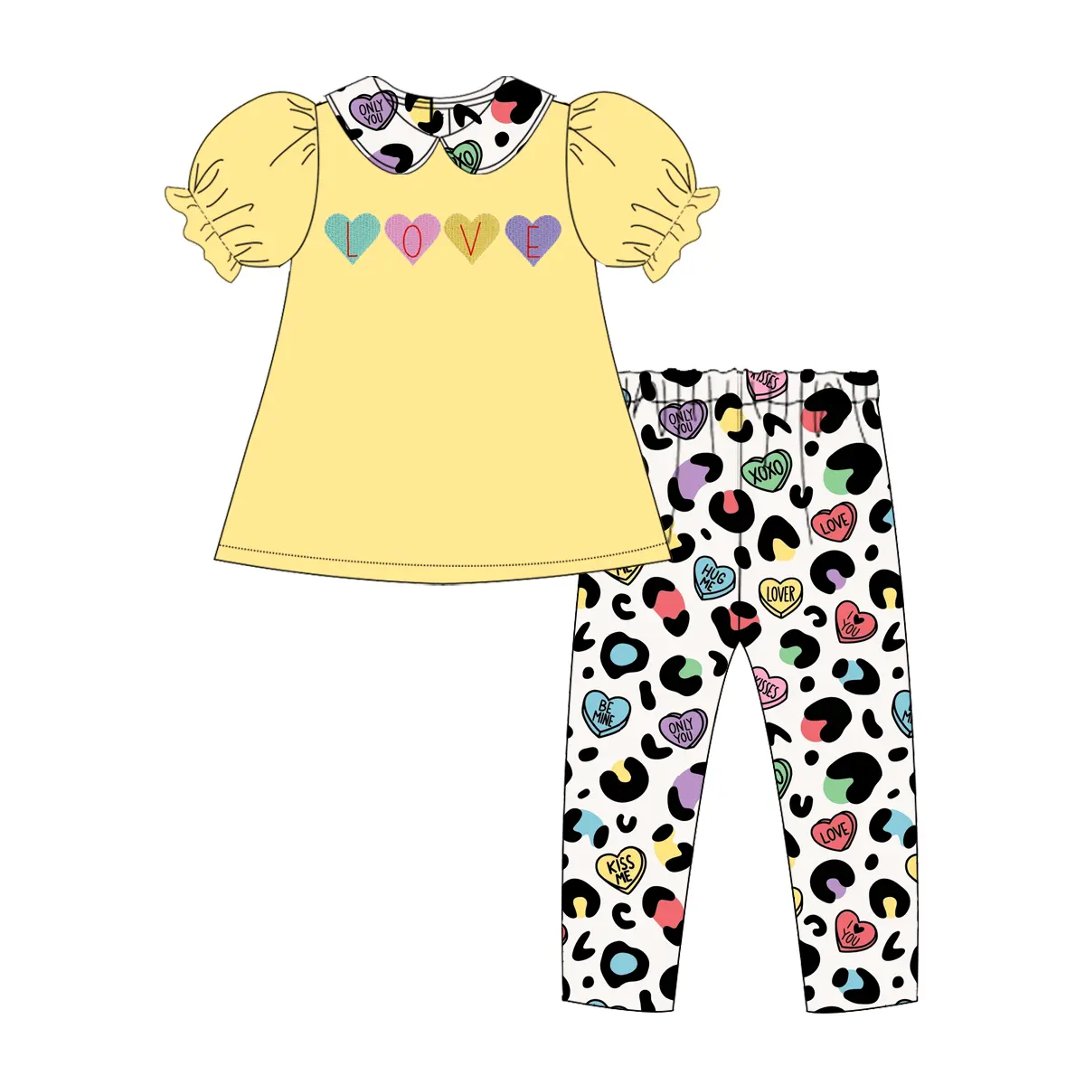 preorder GSPO1806 Valentine's Day colorful heart yellow short sleeve leopard pants girls set