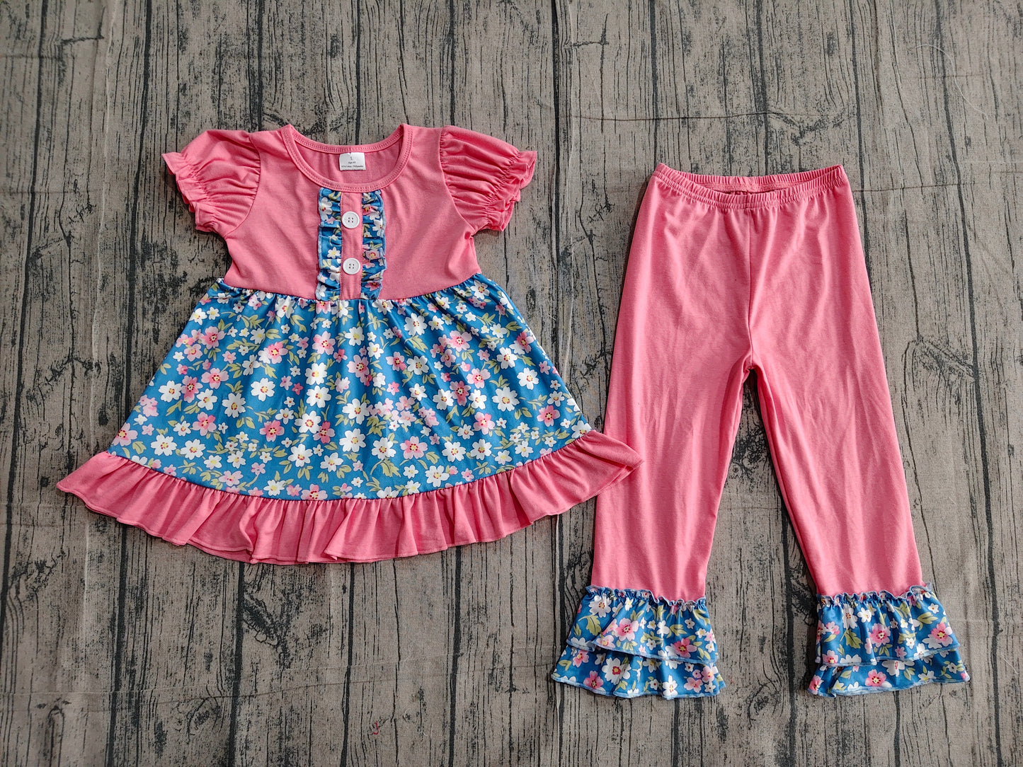 preorder Samples GSPO1814 colorful flowers pink short sleeve pink ruffles pants girls set