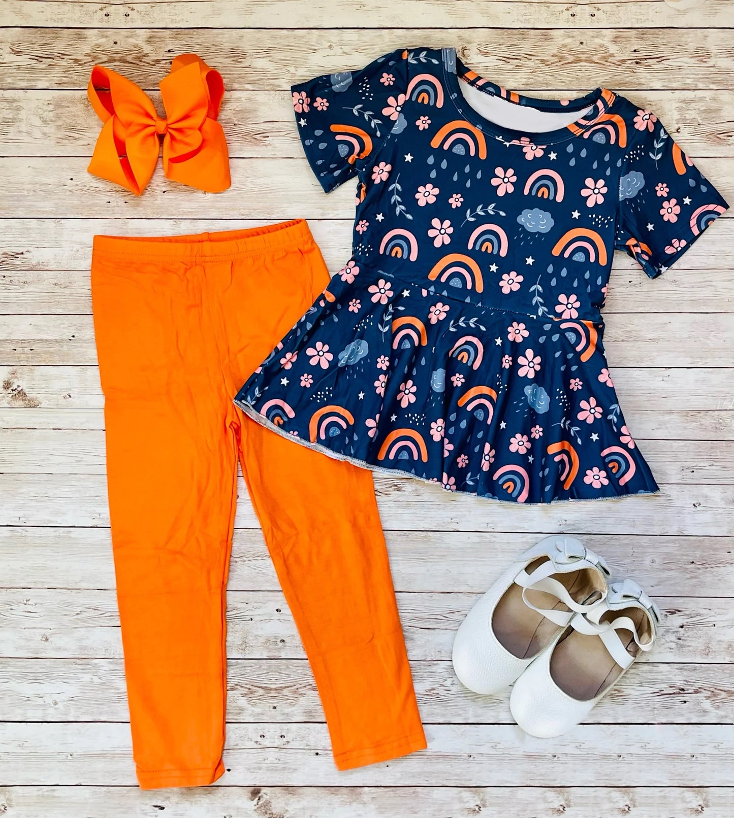 preorder GSPO1816 flowers rainbow navy blue short sleeve orange pants girls set