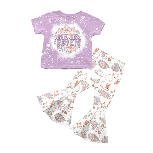 preorder GSPO1819 Easter he is risen flowers purple short sleeve flowers rabbit bunny pants girls set