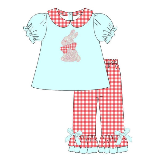 Preorder GSPO1820 Easter bow rabbit bunny blue short sleeve red checkered ruffles pants girls set