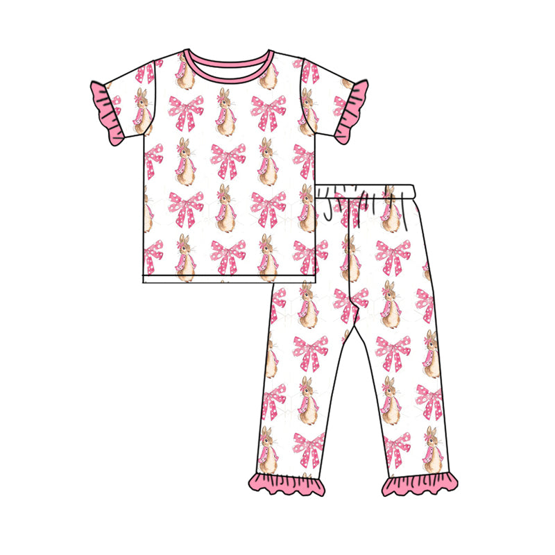 Preorder GSPO1821 Easter bunny rabbit bows hot pink short sleeve pants girls pajamas