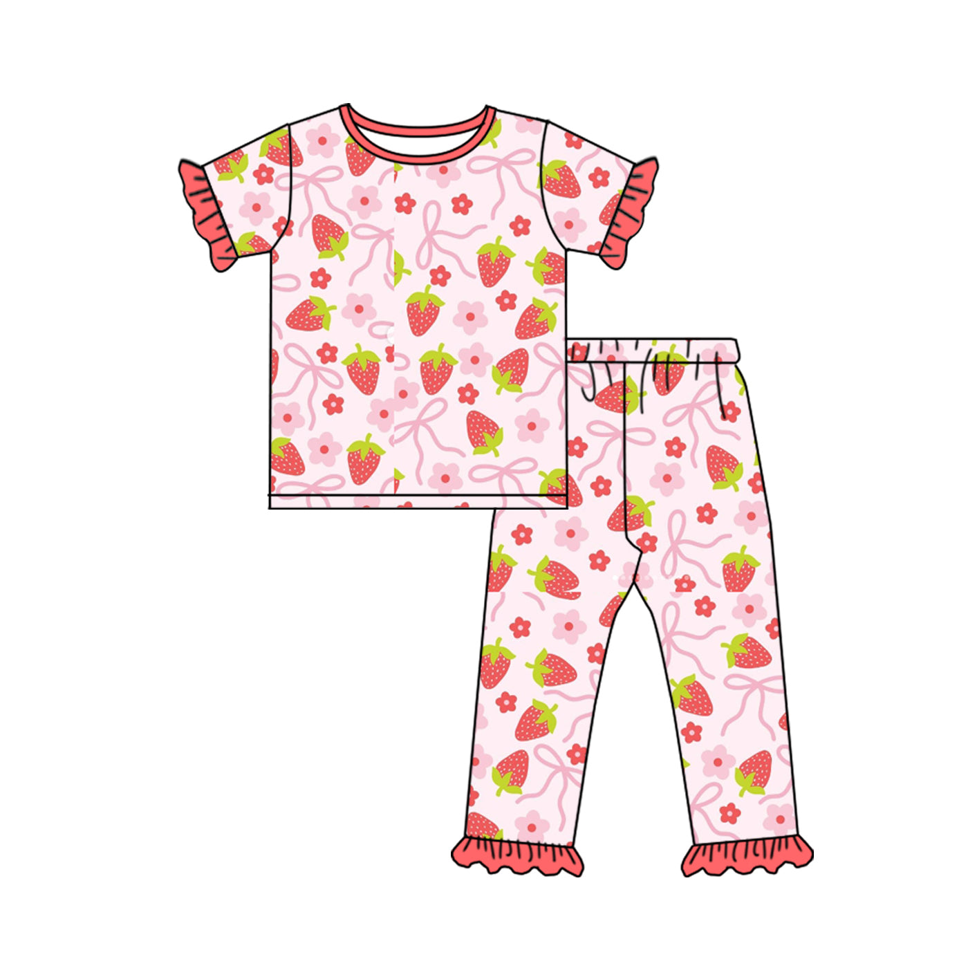 preorder GSPO1823 pink flowers bows strawberry watermelon red short sleeve pants girls set