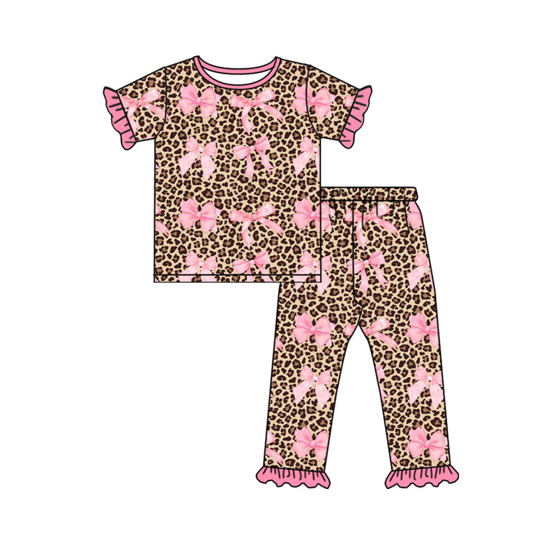 Preorder GSPO1828 leopard pink bows short sleeve pants girls pajamas